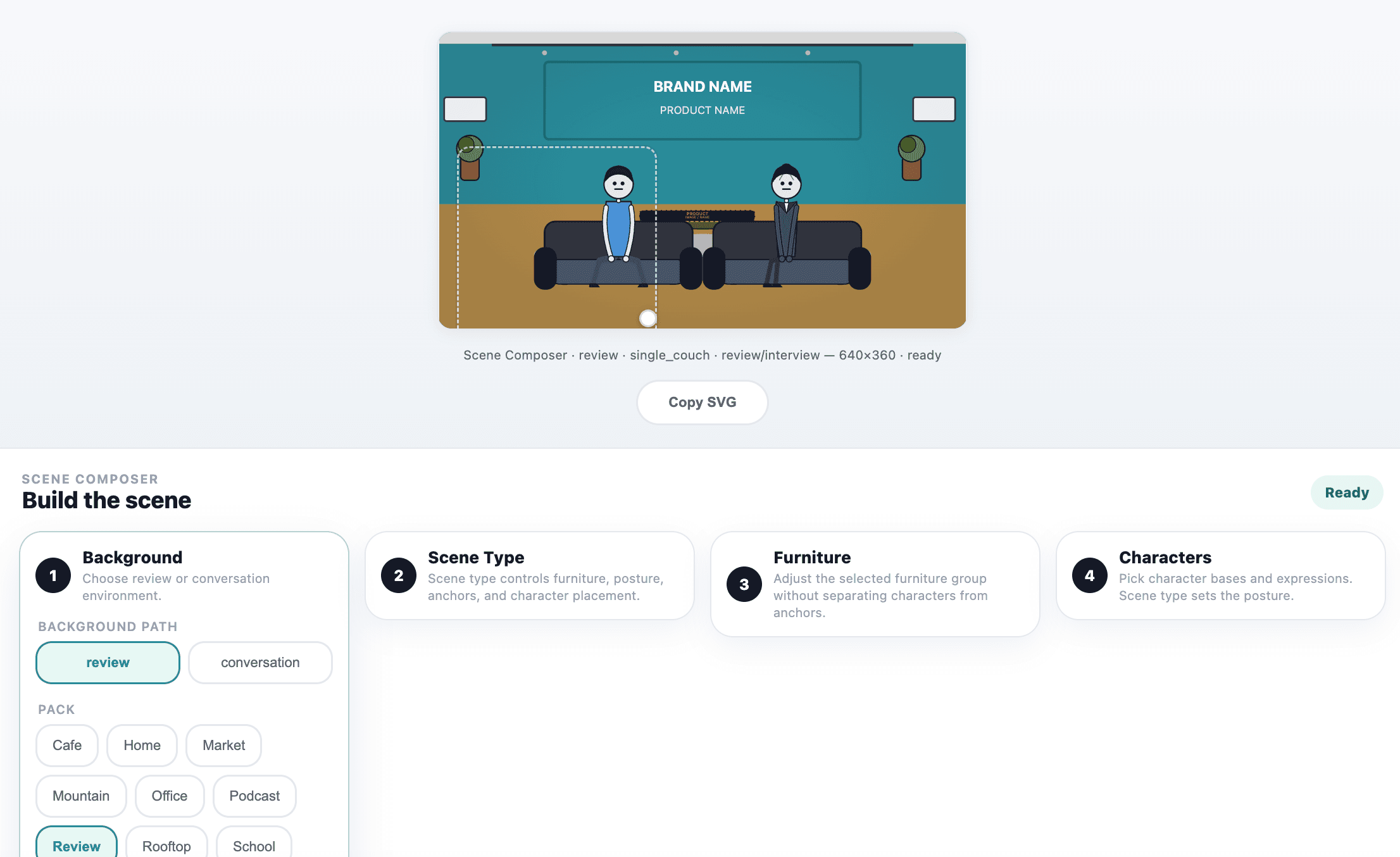 Scene Composer layout and staging view